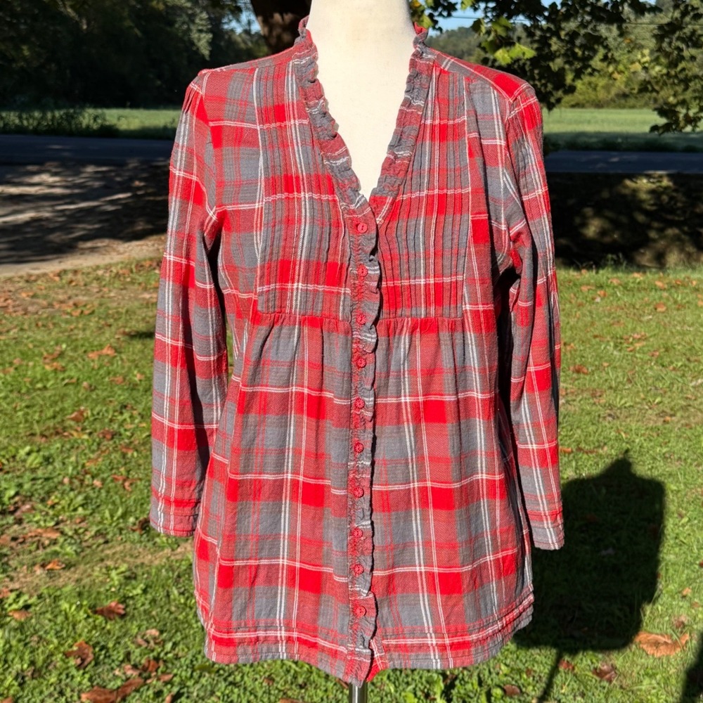 Sundance Women XL Red Grey Plaid Ruffle Pintuck Button Front Cotton Tunic Top